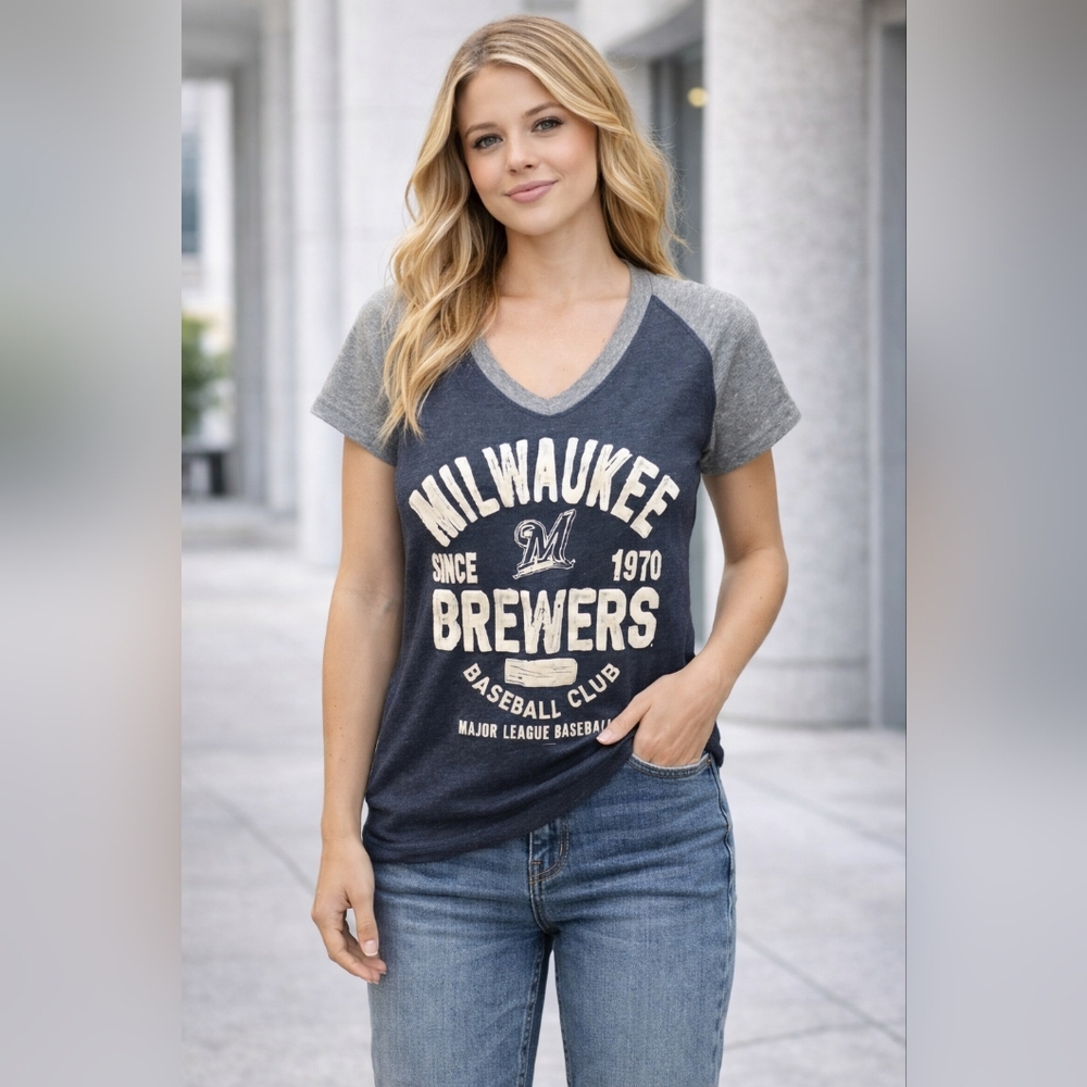 Milwaukee Brewers Women's V-Neck Tee - Navy and Gray